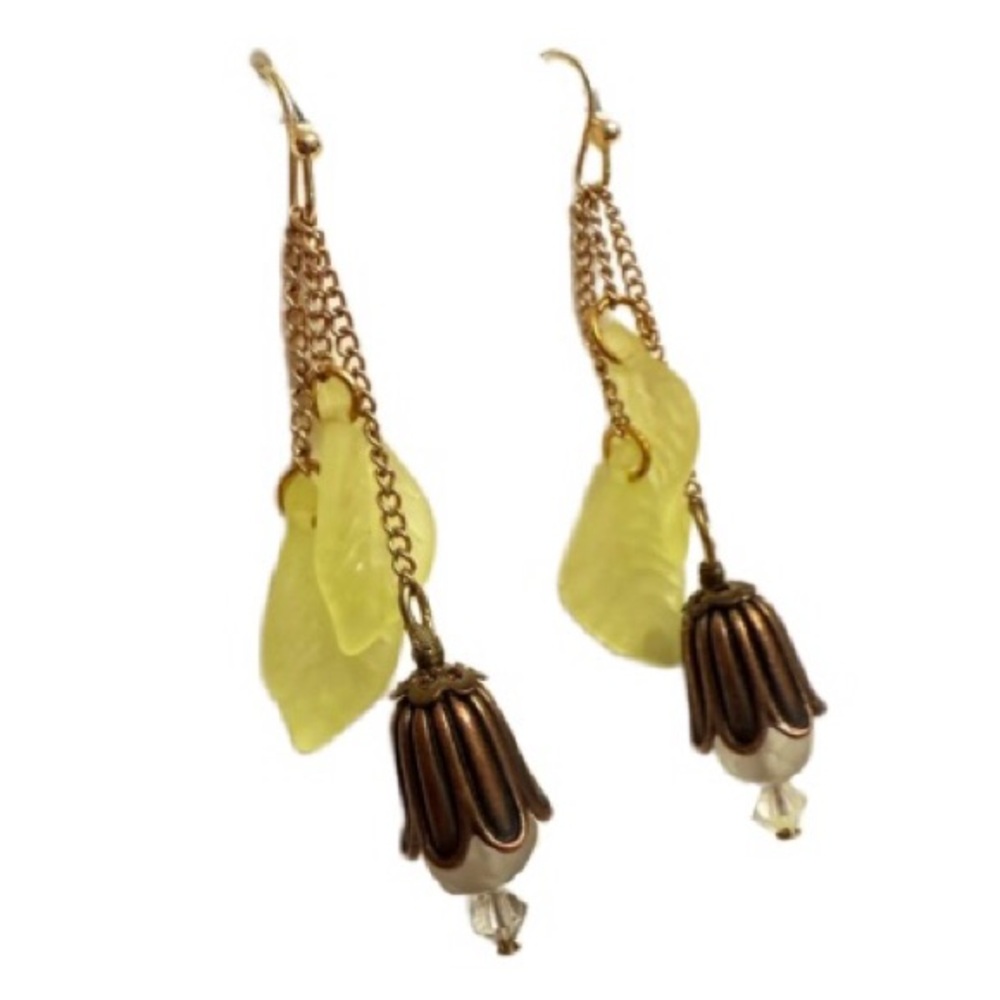 Handmade Leaf and Flower Green and Gold Artisan Earrings